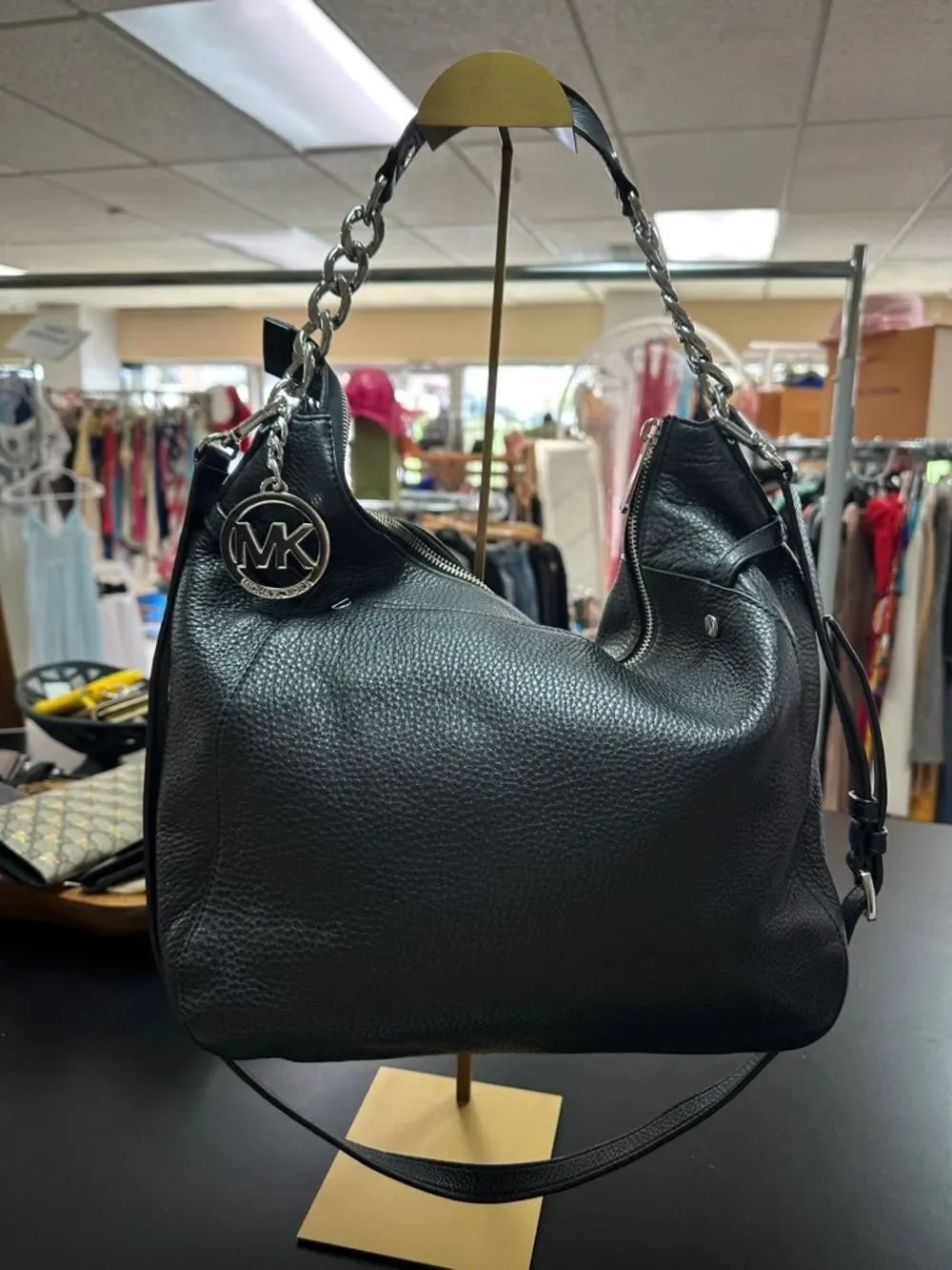 Michael Kors Black Pebbled Leather Hobo Shoulder Bag with Chain Strap